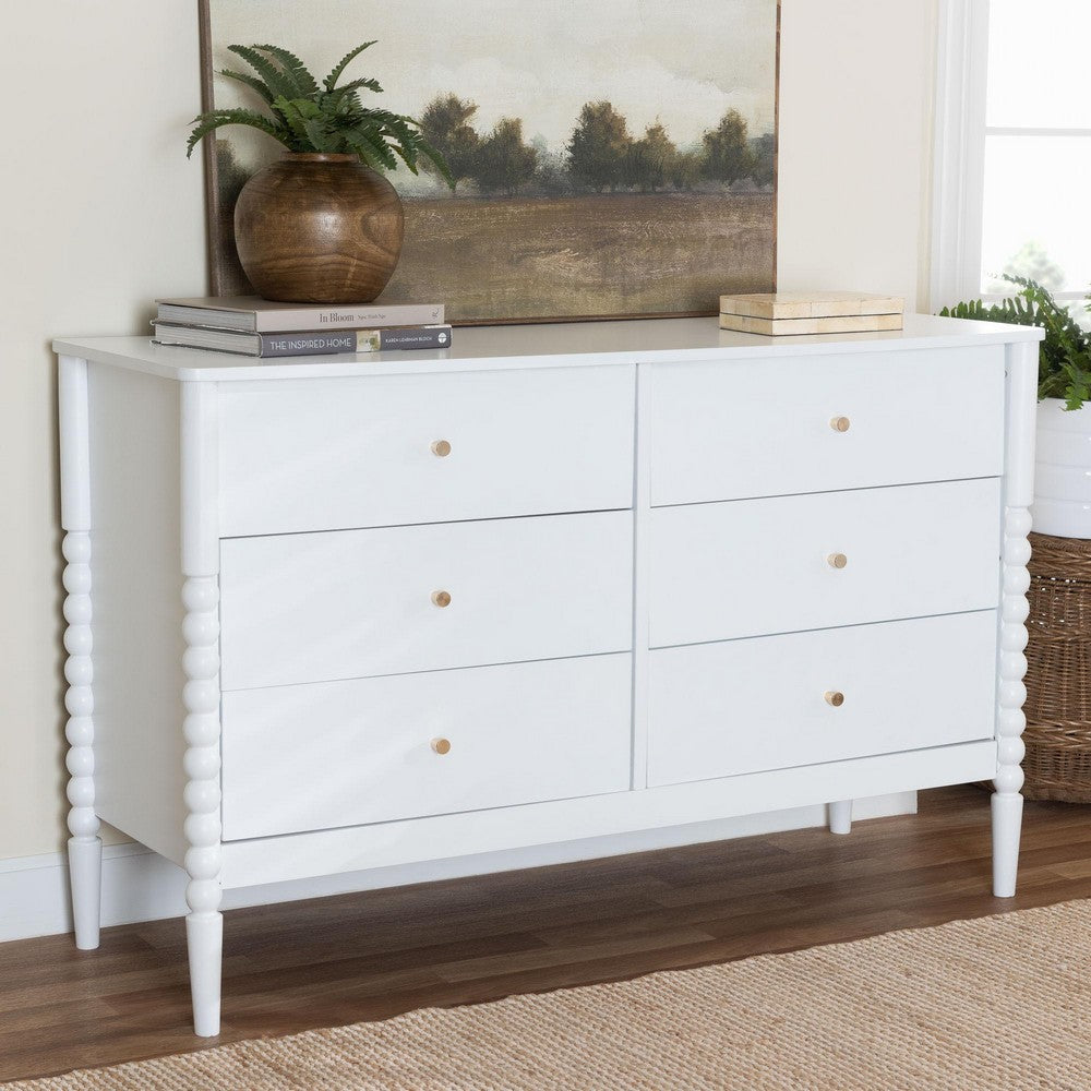 Baxton Studio Lucera Mid-Century White Bobbin Wood 6-Drawer Dresser WHI-MG9011-White-6DW-Dresser