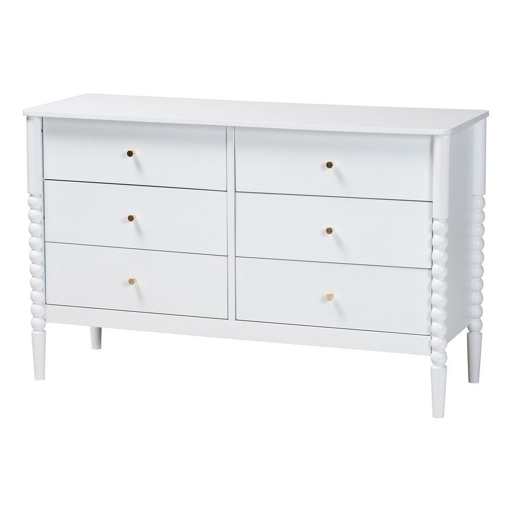 Baxton Studio Lucera Mid-Century White Bobbin Wood 6-Drawer Dresser WHI-MG9011-White-6DW-Dresser