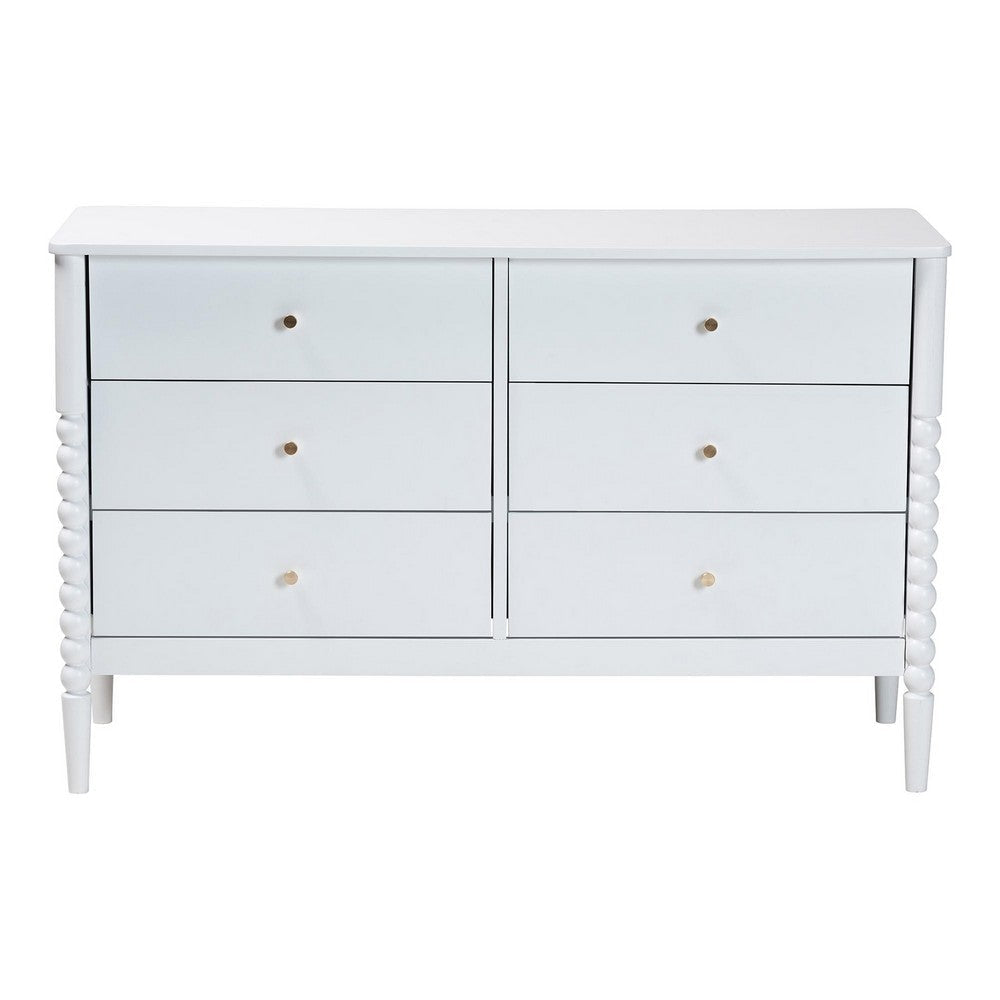 Baxton Studio Lucera Mid-Century White Bobbin Wood 6-Drawer Dresser WHI-MG9011-White-6DW-Dresser