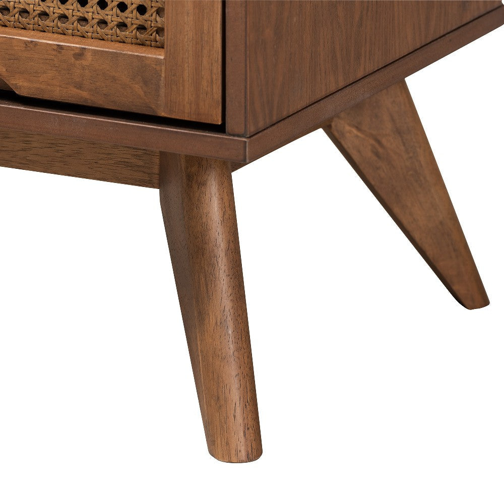 Baxton Studio Rina Mid-Century Modern Ash Walnut Finished Wood 3-Piece Queen Size Bedroom Set with Synthetic Rattan