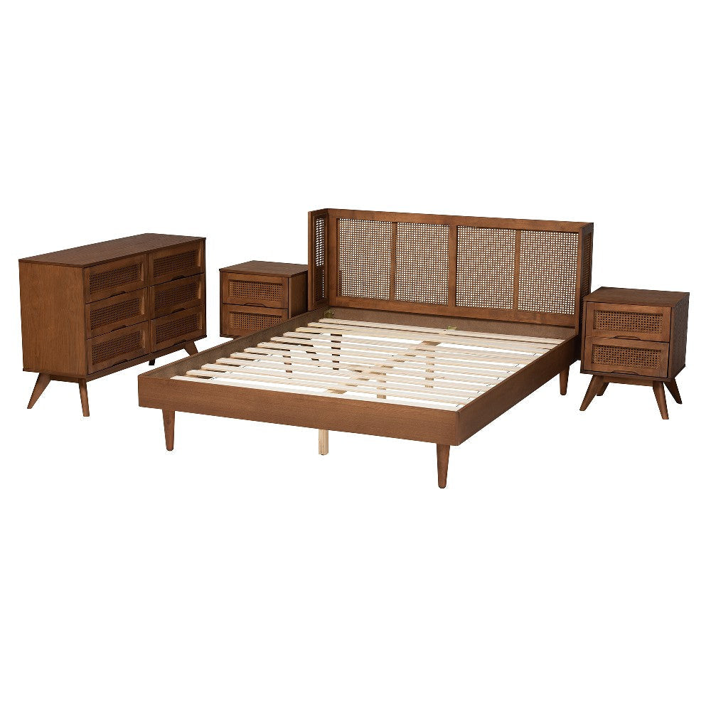 Baxton Studio Rina Mid-Century Modern Ash Walnut Finished Wood 4-Piece Queen Size Bedroom Set with Synthetic Rattan