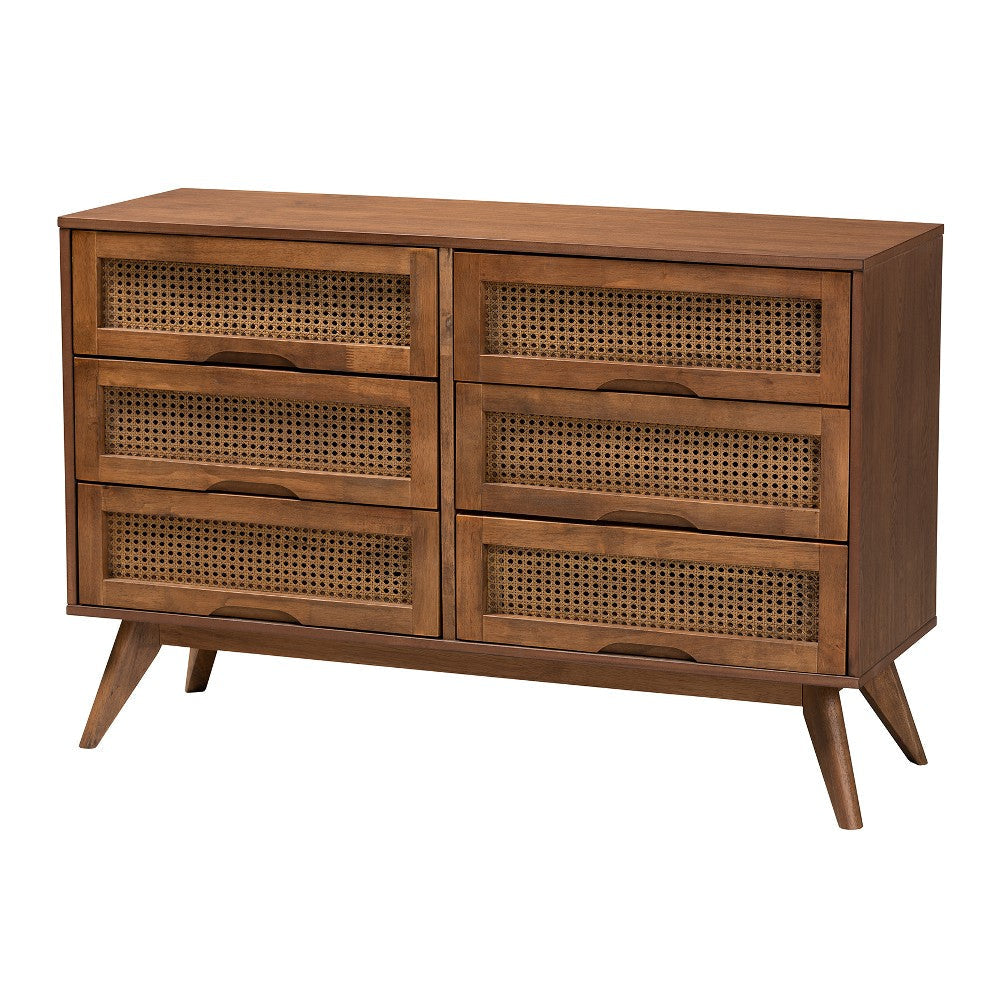 Baxton Studio Rina Mid-Century Modern Ash Walnut Finished Wood 4-Piece Queen Size Bedroom Set with Synthetic Rattan