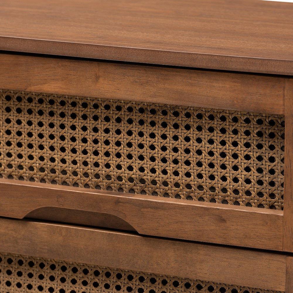 Baxton Studio Rina Mid-Century Modern Ash Walnut Finished Wood 4-Piece Queen Size Bedroom Set with Synthetic Rattan