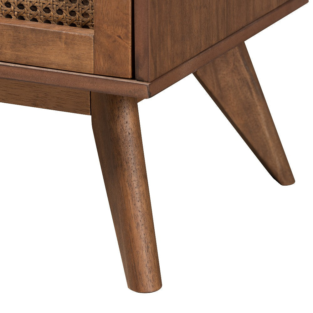 Baxton Studio Rina Mid-Century Modern Ash Walnut Finished Wood 4-Piece Queen Size Bedroom Set with Synthetic Rattan