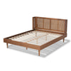Baxton Studio Rina Mid-Century Modern Ash Wanut Finished Wood and Synthetic Rattan Full Size Platform Bed with Wrap-Around Headboard
