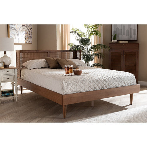 Baxton Studio Rina Mid-Century Modern Ash Wanut Finished Wood and Synthetic Rattan Full Size Platform Bed with Wrap-Around Headboard