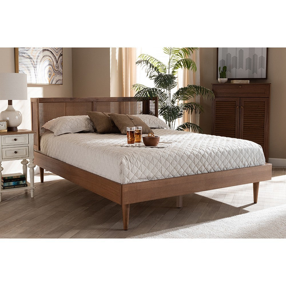 Baxton Studio Rina Mid-Century Modern Ash Wanut Finished Wood and Synthetic Rattan Full Size Platform Bed with Wrap-Around Headboard
