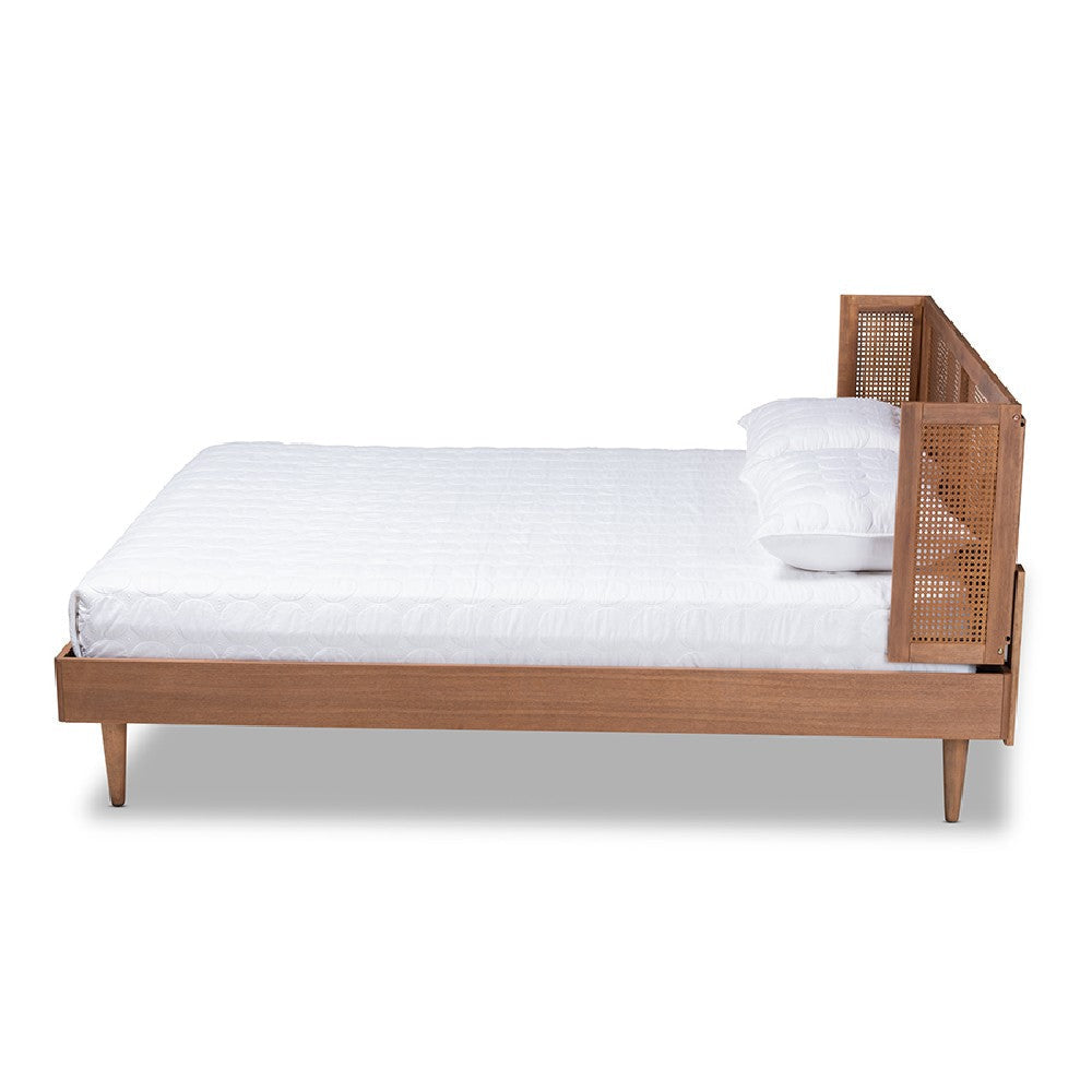 Baxton Studio Rina Mid-Century Modern Ash Wanut Finished Wood and Synthetic Rattan Queen Size Platform Bed with Wrap-Around Headboard