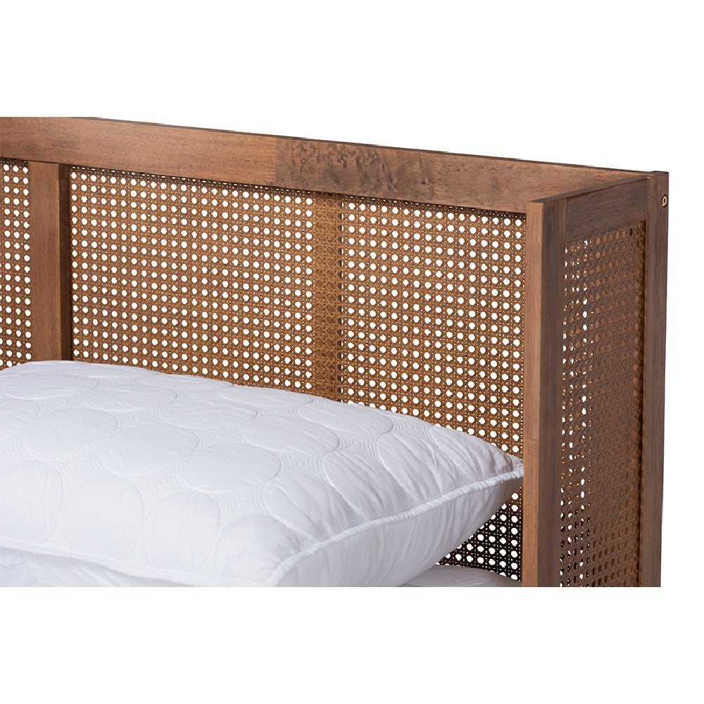 Baxton Studio Rina Mid-Century Modern Ash Wanut Finished Wood and Synthetic Rattan Queen Size Platform Bed with Wrap-Around Headboard