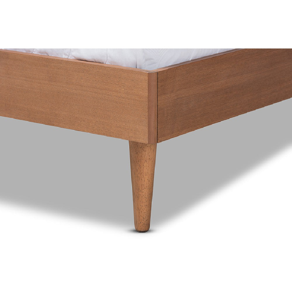 Baxton Studio Rina Mid-Century Modern Ash Wanut Finished Wood and Synthetic Rattan Queen Size Platform Bed with Wrap-Around Headboard