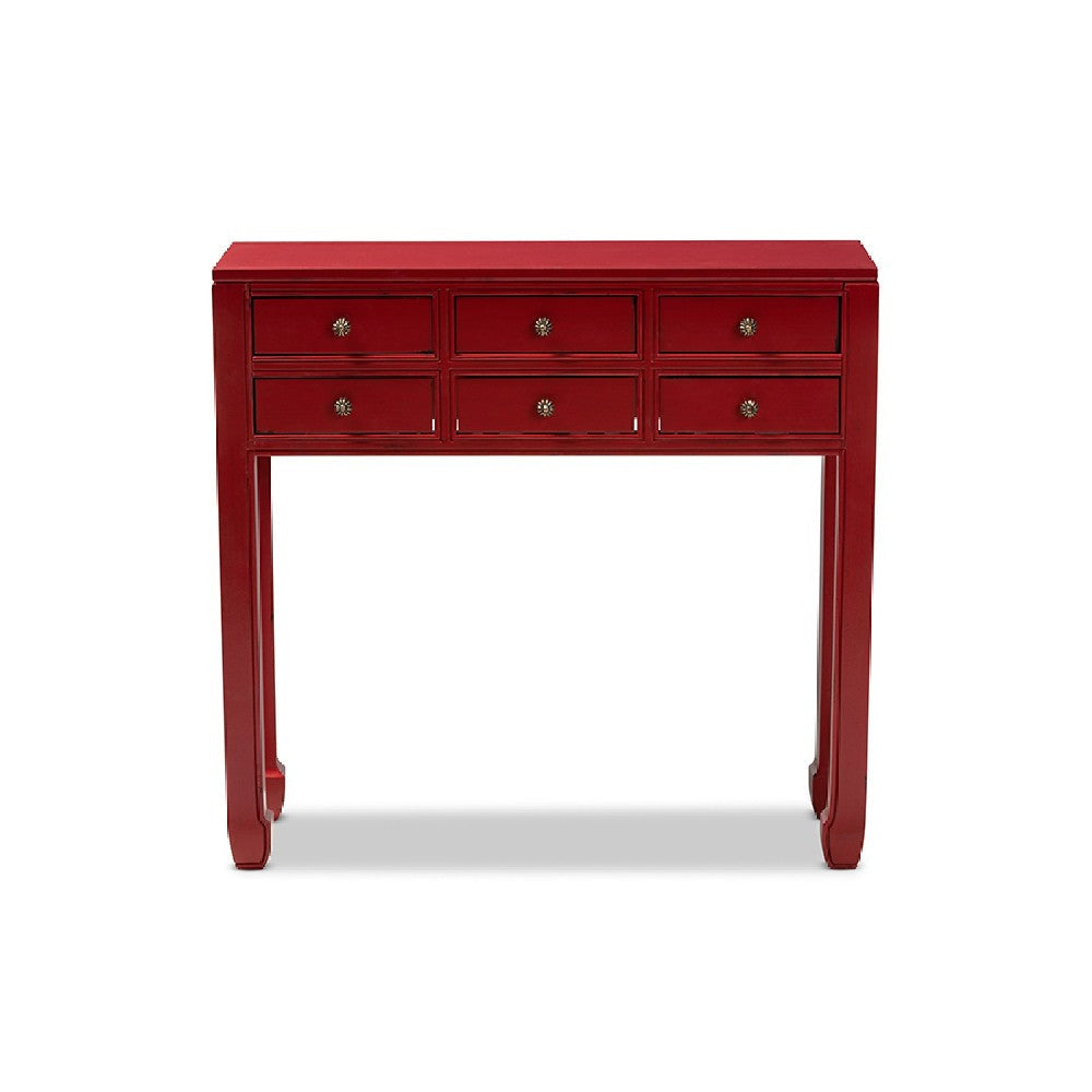 Baxton Studio Pomme Classic and Antique Red Finished Wood Bronze Finished Accents 6-Drawer Console Table WHI-MIN18-Red-ST