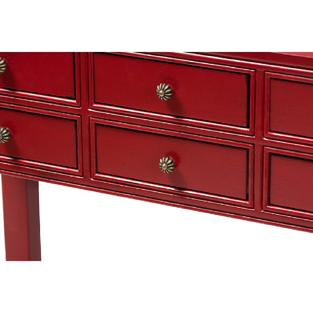 Baxton Studio Pomme Classic and Antique Red Finished Wood Bronze Finished Accents 6-Drawer Console Table WHI-MIN18-Red-ST