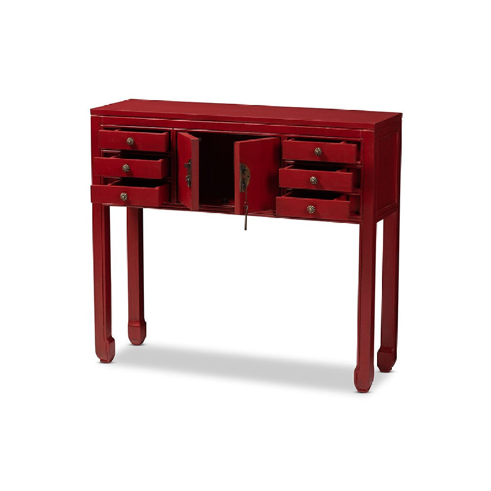 Baxton Studio Melodie Classic and Antique Red Finished Wood Bronze Finished Accents 6-Drawer Console Table WHI-MIN22-Red-ST