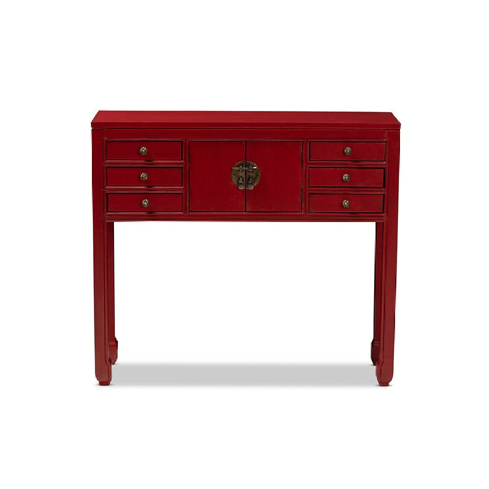 Baxton Studio Melodie Classic and Antique Red Finished Wood Bronze Finished Accents 6-Drawer Console Table WHI-MIN22-Red-ST
