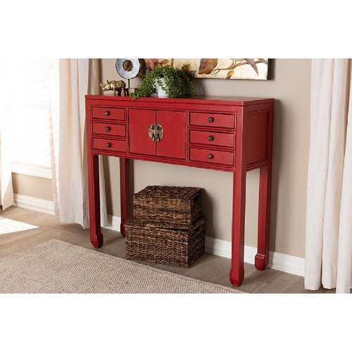 Baxton Studio Melodie Classic and Antique Red Finished Wood Bronze Finished Accents 6-Drawer Console Table