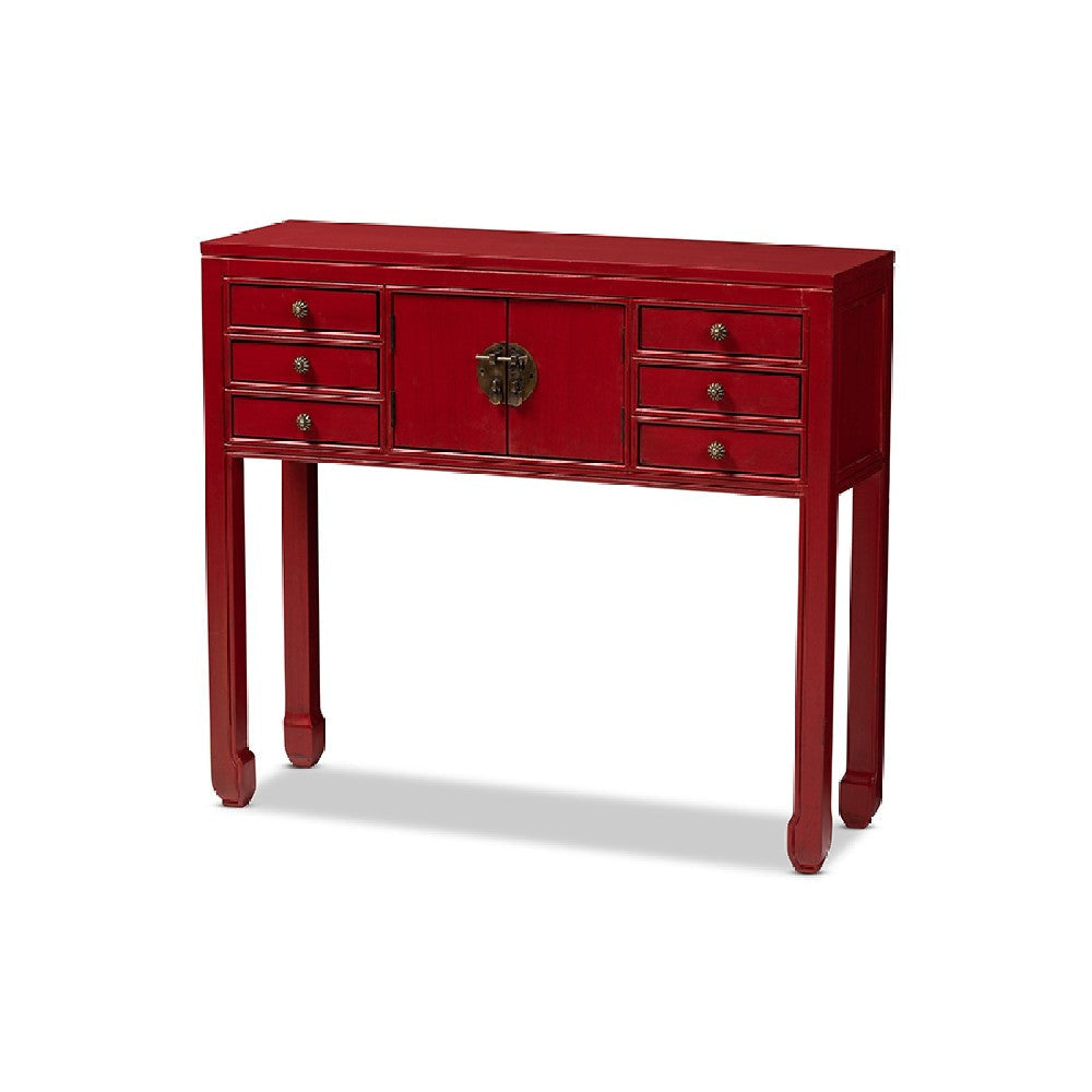 Baxton Studio Melodie Classic and Antique Red Finished Wood Bronze Finished Accents 6-Drawer Console Table WHI-MIN22-Red-ST