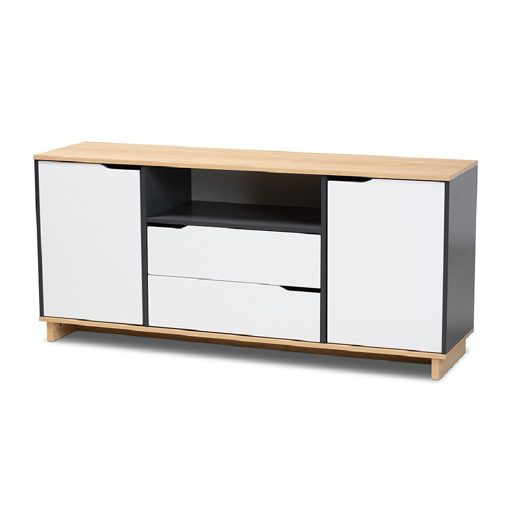Baxton Studio Reed Mid-Century Modern Multicolor 2-Door Wood Dining Room Sideboard WHI-MPC8005-Oak-Grey-White-Sideboard