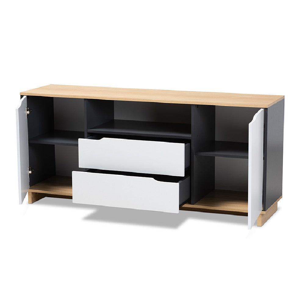 Baxton Studio Reed Mid-Century Modern Multicolor 2-Door Wood Dining Room Sideboard WHI-MPC8005-Oak-Grey-White-Sideboard