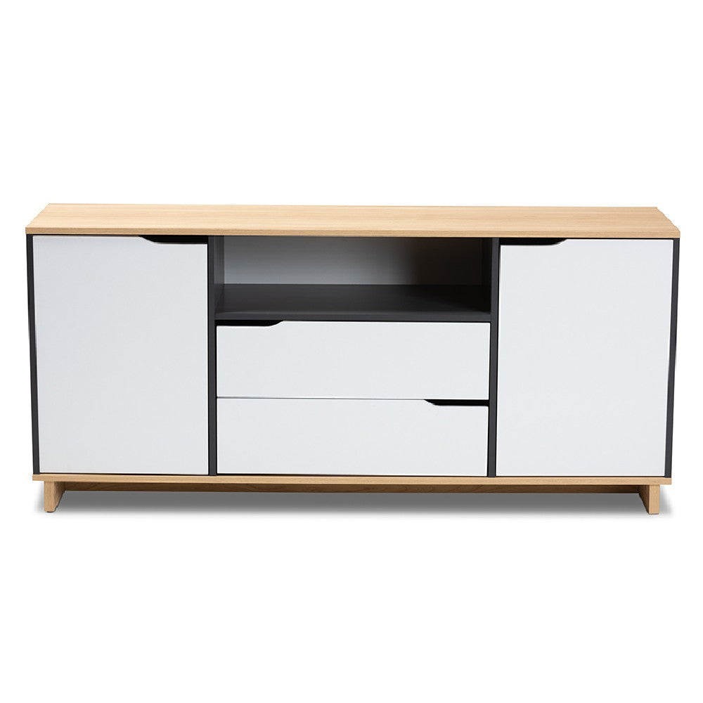 Baxton Studio Reed Mid-Century Modern Multicolor 2-Door Wood Dining Room Sideboard WHI-MPC8005-Oak-Grey-White-Sideboard