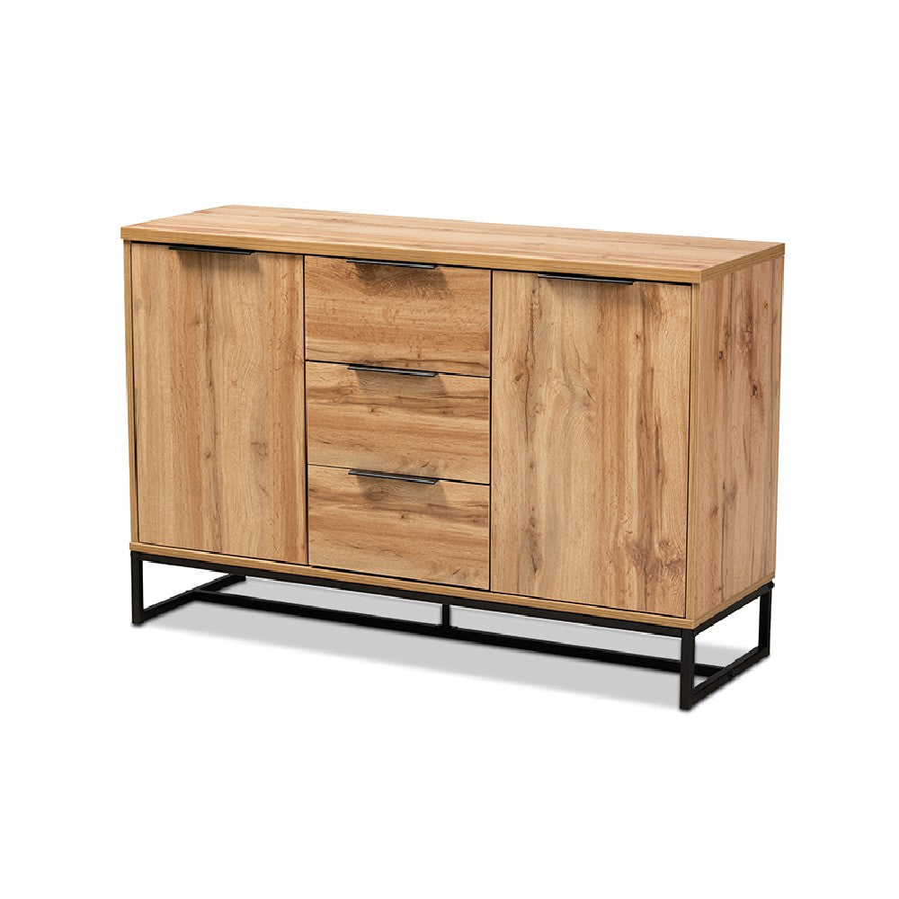 Baxton Studio Reid Modern and Contemporary Industrial Oak Finished Wood and Black Metal 3-Drawer Sideboard Buffet