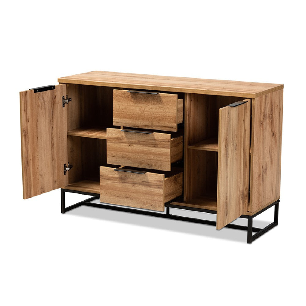 Baxton Studio Reid Modern and Contemporary Industrial Oak Finished Wood and Black Metal 3-Drawer Sideboard Buffet