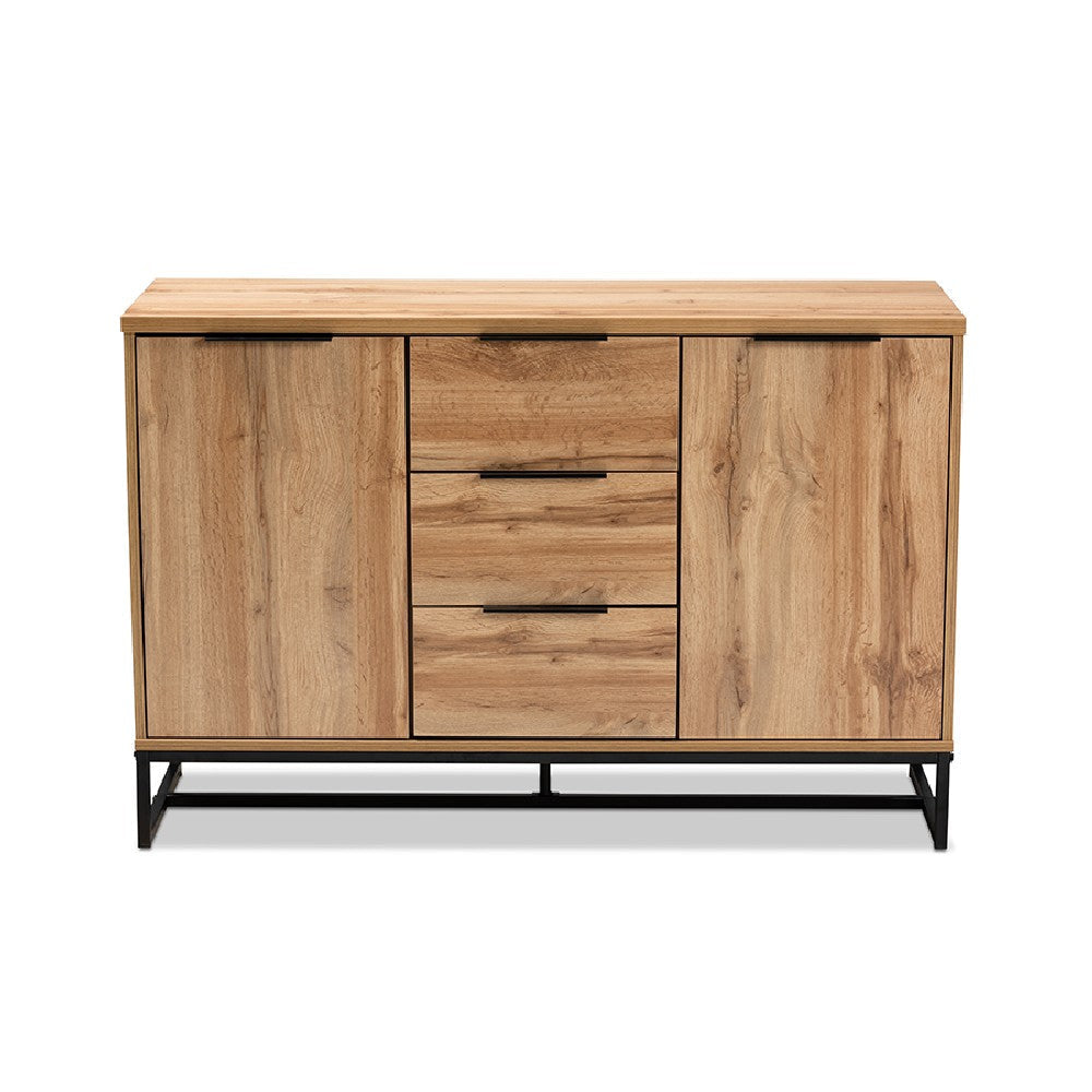Baxton Studio Reid Modern and Contemporary Industrial Oak Finished Wood and Black Metal 3-Drawer Sideboard Buffet