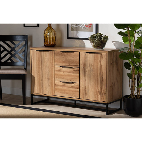 Baxton Studio Reid Modern and Contemporary Industrial Oak Finished Wood and Black Metal 3-Drawer Sideboard Buffet