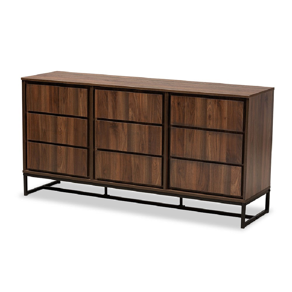 Baxton Studio Neil Modern and Contemporary Walnut Brown Finished Wood and Black Finished Metal 3-Door Dining Room Sideboard Buffet