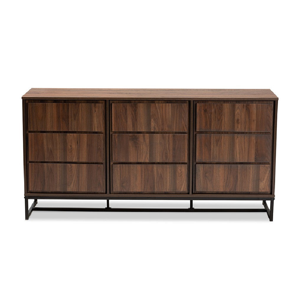 Baxton Studio Neil Modern and Contemporary Walnut Brown Finished Wood and Black Finished Metal 3-Door Dining Room Sideboard Buffet