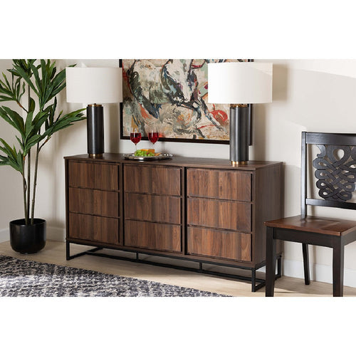 Baxton Studio Neil Modern and Contemporary Walnut Brown Finished Wood and Black Finished Metal 3-Door Dining Room Sideboard Buffet
