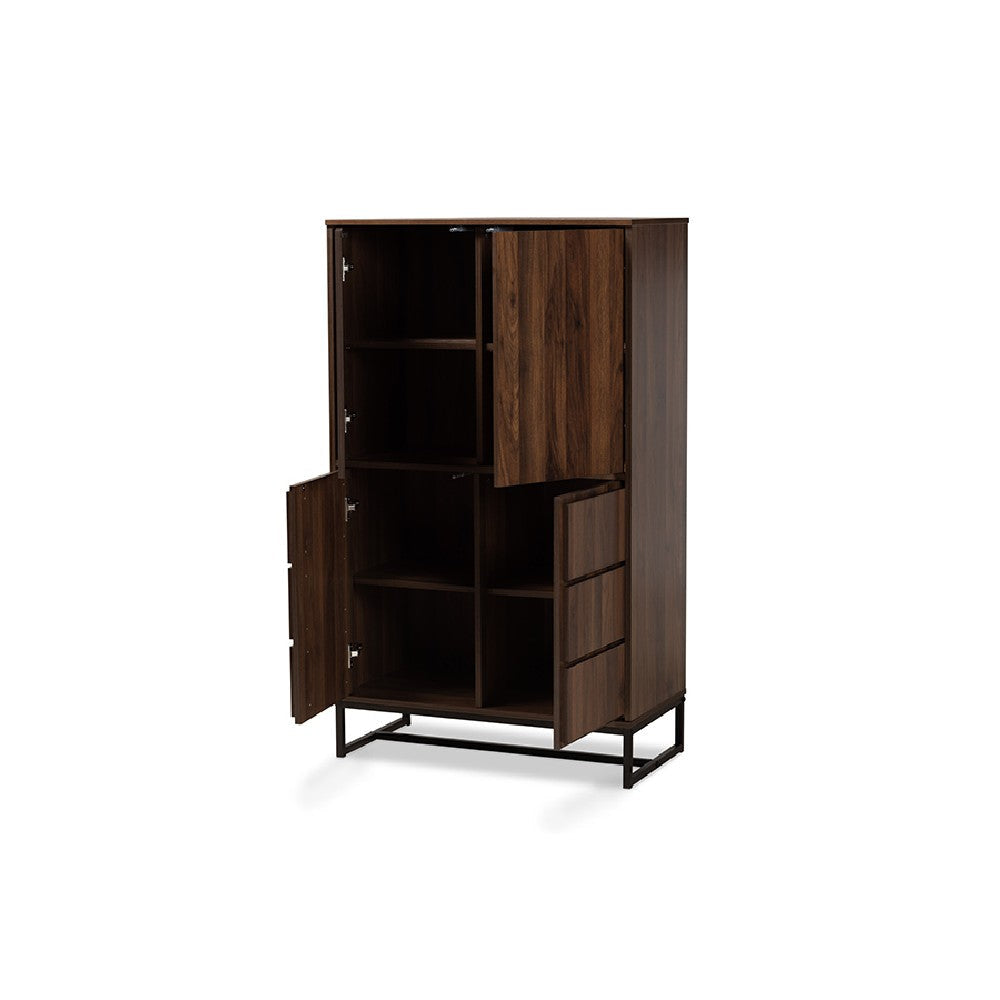Baxton Studio Neil Modern and Contemporary Walnut Brown Finished Wood and Black Finished Metal Multipurpose Storage Cabinet