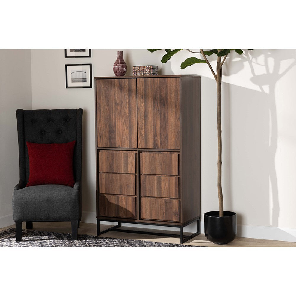 Baxton Studio Neil Modern and Contemporary Walnut Brown Finished Wood and Black Finished Metal Multipurpose Storage Cabinet