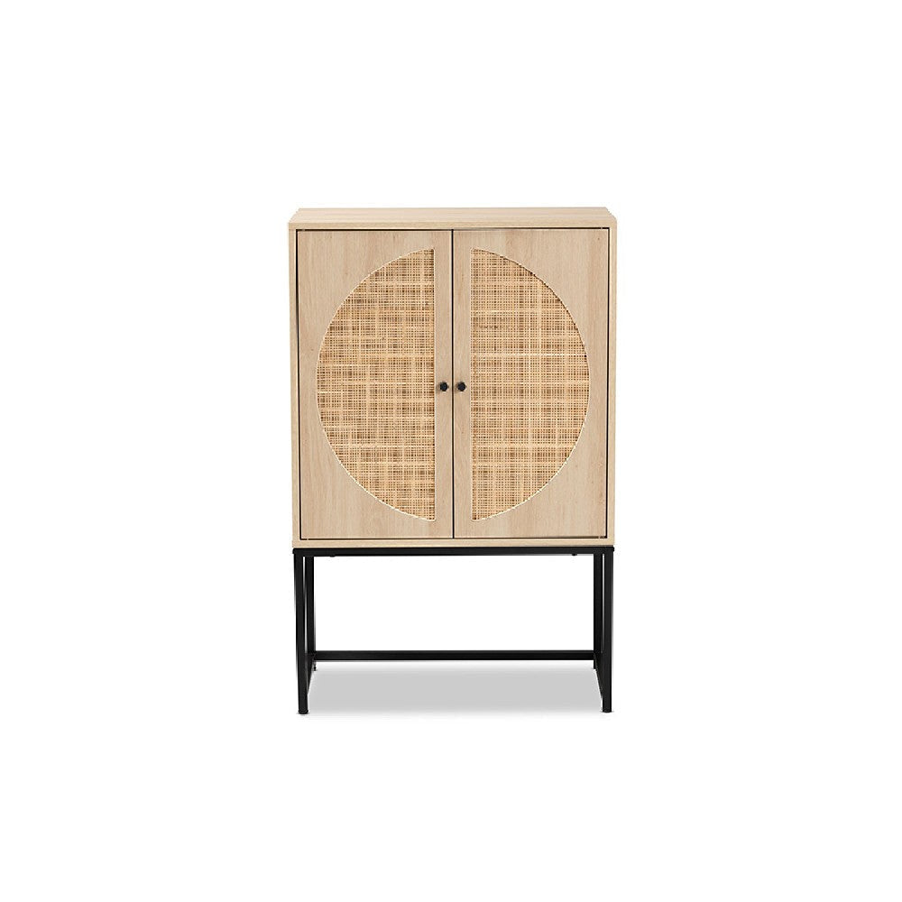 Baxton Studio Ardon Bohemian Light Brown Finished Wood and Black Metal 2-Door Storage Cabinet with Natural Rattan WHI-MUS-003-Natural-Black