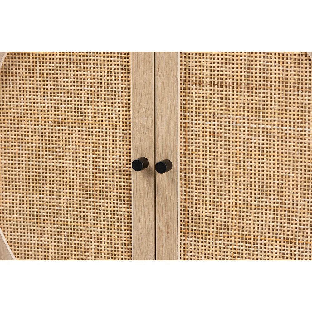 Baxton Studio Ardon Bohemian Light Brown Finished Wood and Black Metal 2-Door Storage Cabinet with Natural Rattan WHI-MUS-003-Natural-Black