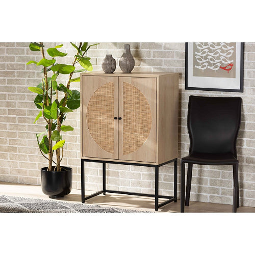 Baxton Studio Ardon Bohemian Light Brown Finished Wood and Black Metal 2-Door Storage Cabinet with Natural Rattan