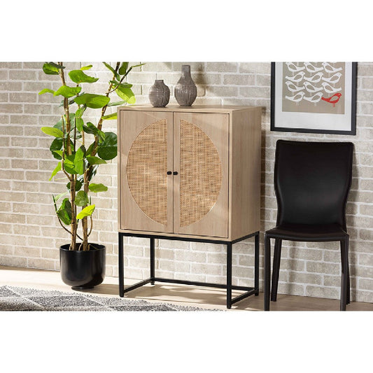 Baxton Studio Ardon Bohemian Light Brown Finished Wood and Black Metal 2-Door Storage Cabinet with Natural Rattan