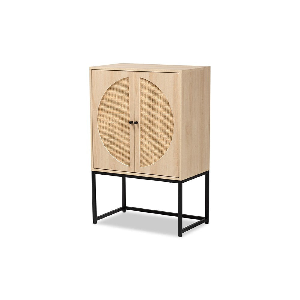Baxton Studio Ardon Bohemian Light Brown Finished Wood and Black Metal 2-Door Storage Cabinet with Natural Rattan WHI-MUS-003-Natural-Black