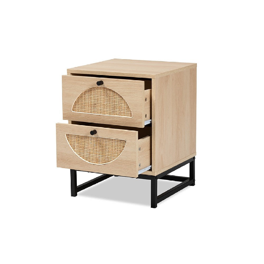 Baxton Studio Ardon Bohemian Light Brown Finished Wood and Black Metal 2-Drawer End Table with Natural Rattan WHI-MUS-005-Natural-Black
