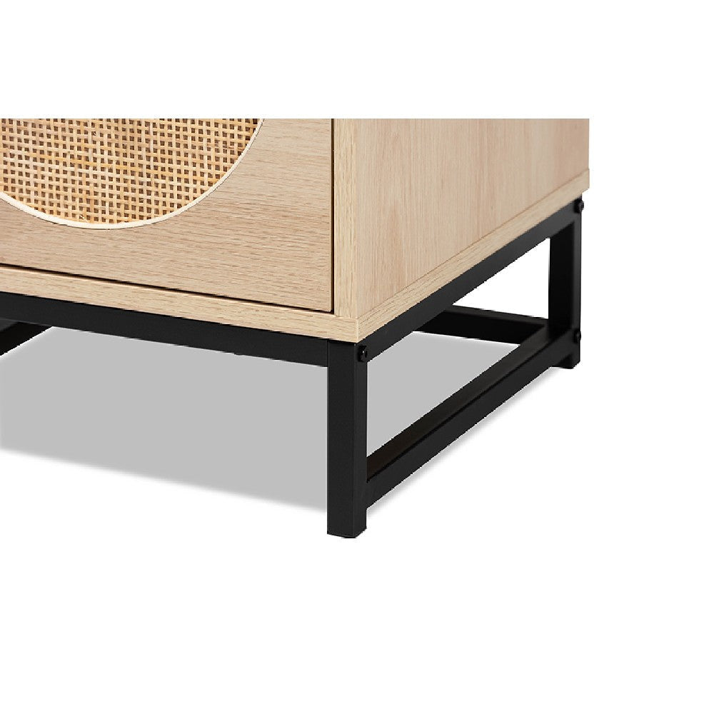 Baxton Studio Ardon Bohemian Light Brown Finished Wood and Black Metal 2-Drawer End Table with Natural Rattan WHI-MUS-005-Natural-Black