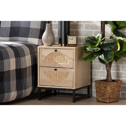 Baxton Studio Ardon Bohemian Light Brown Finished Wood and Black Metal 2-Drawer End Table with Natural Rattan