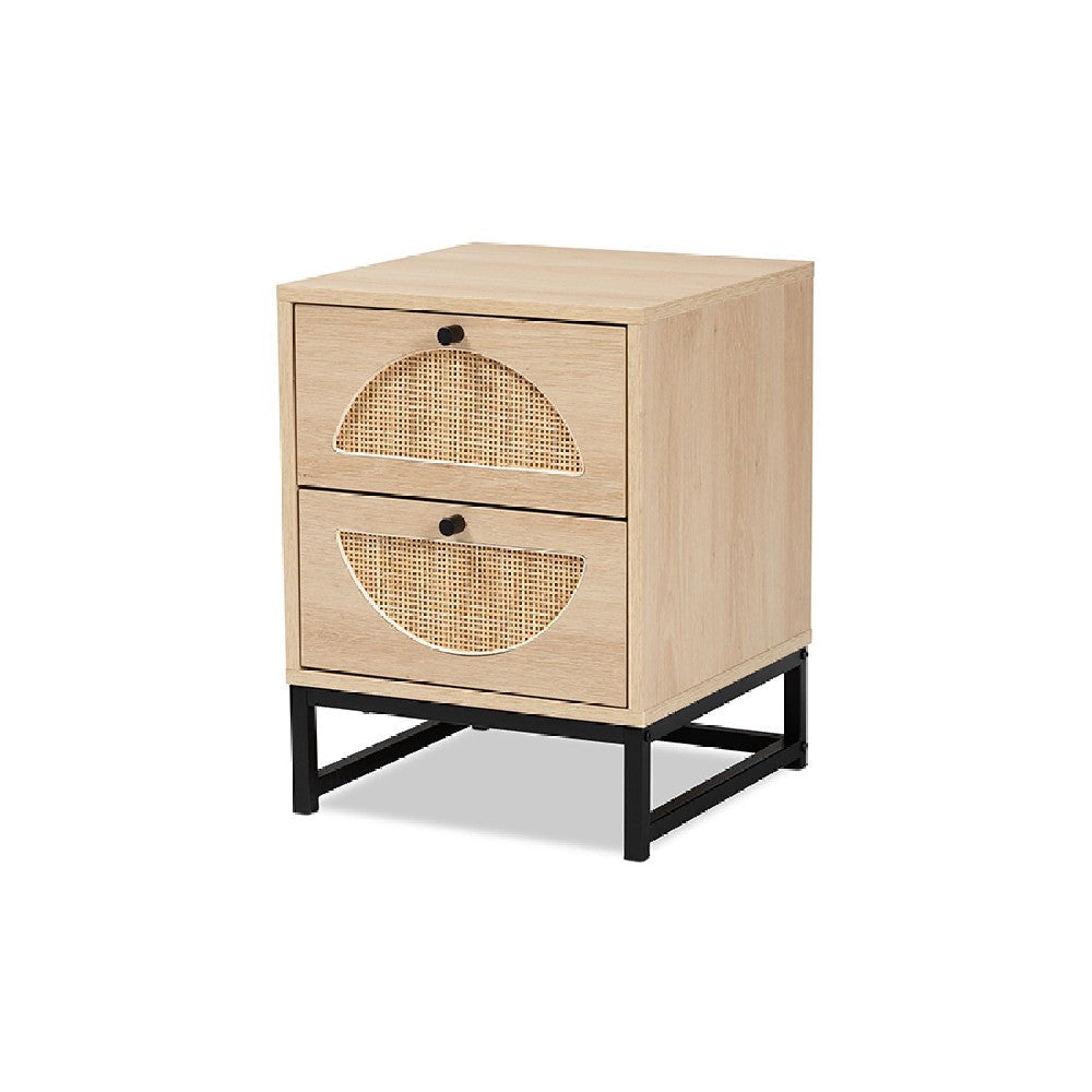Baxton Studio Ardon Bohemian Light Brown Finished Wood and Black Metal 2-Drawer End Table with Natural Rattan WHI-MUS-005-Natural-Black