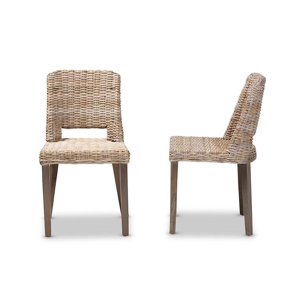 bali & pari Magy Modern Bohemian Grey Rattan and Natural Brown Finished Wood Dining Chair WHI-Magy-Grey-Natural-DC