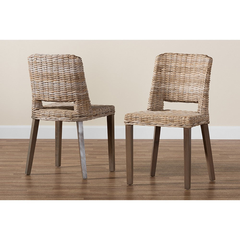 bali & pari Magy Modern Bohemian Grey Rattan and Natural Brown Finished Wood Dining Chair