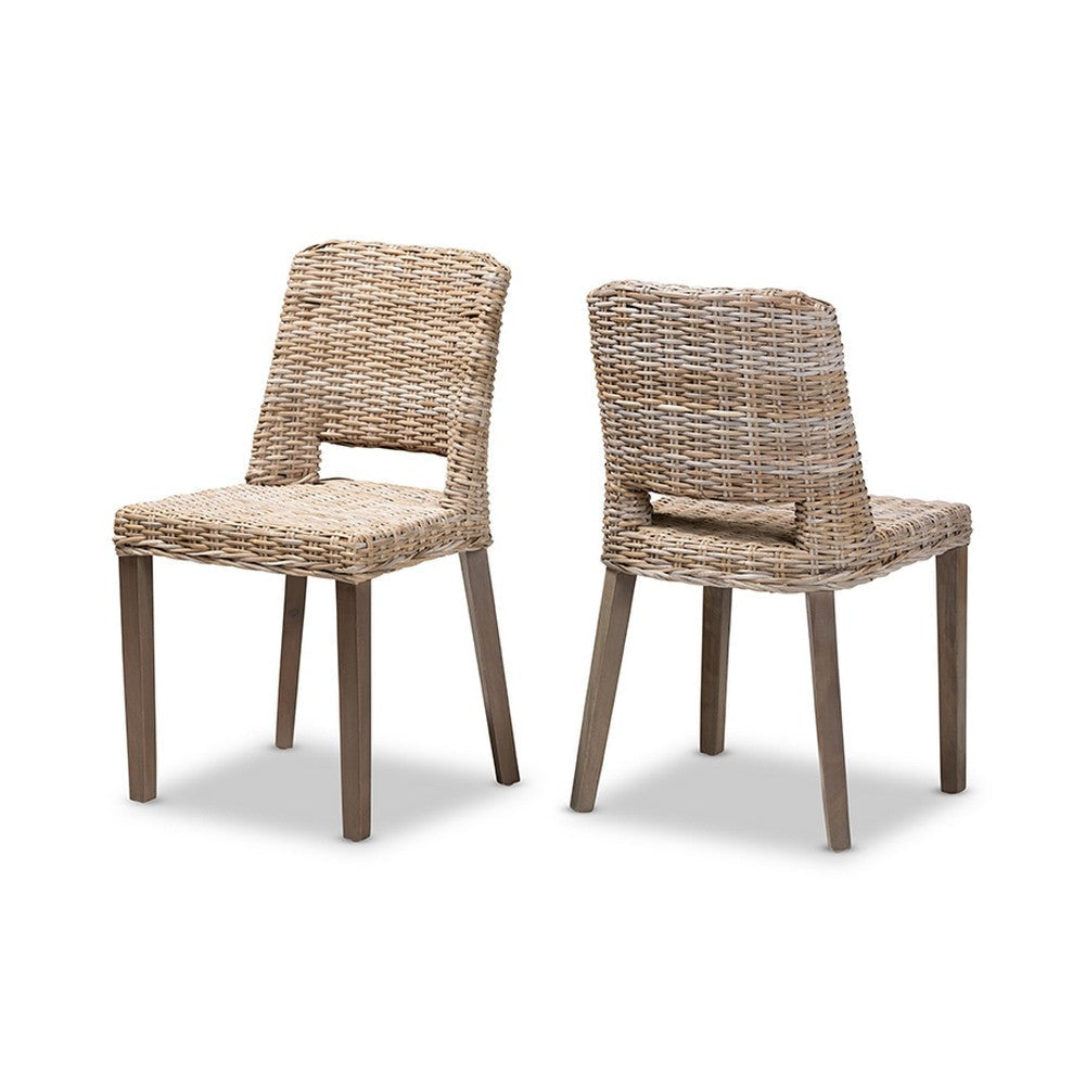 bali & pari Magy Modern Bohemian Grey Rattan and Natural Brown Finished Wood Dining Chair WHI-Magy-Grey-Natural-DC