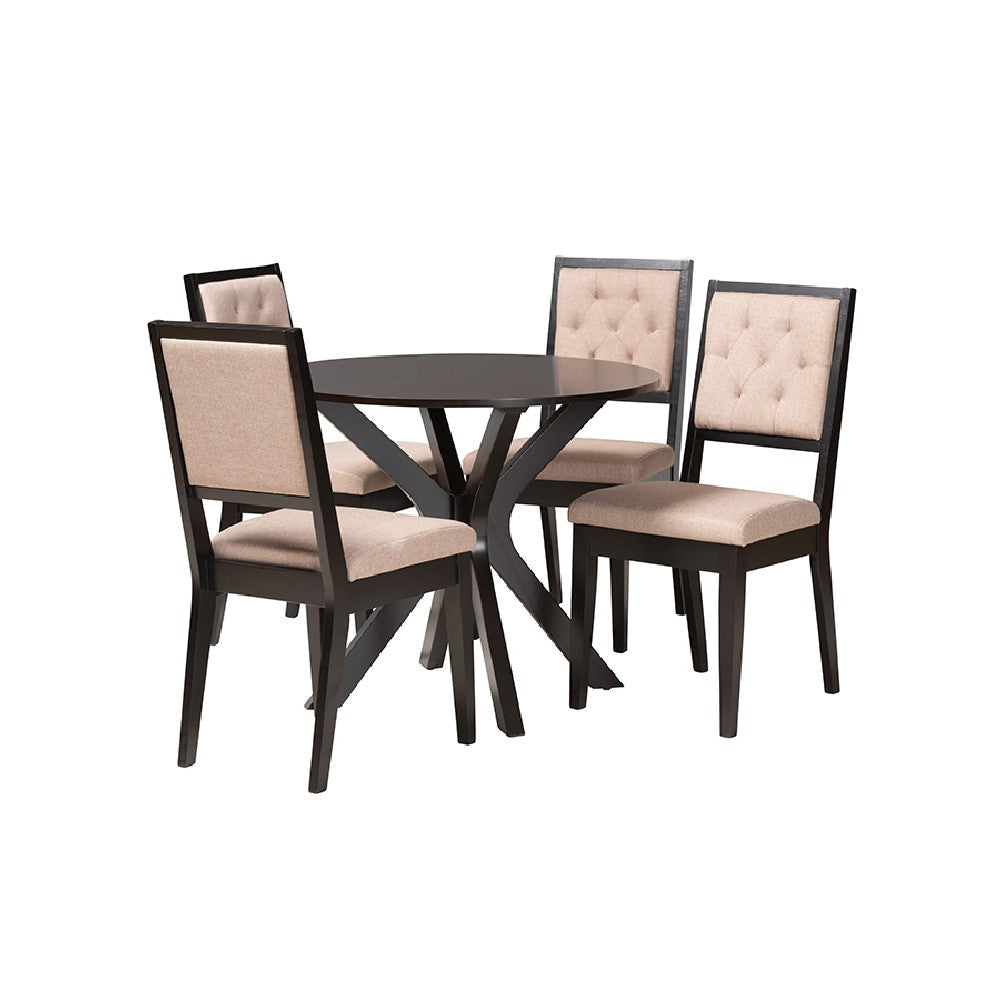Baxton Studio Mana Modern Sand Fabric and Dark Brown Finished Wood 5-Piece Dining Set WHI-Mana-Sand-Dark-Brown-5PC-Dining-Set