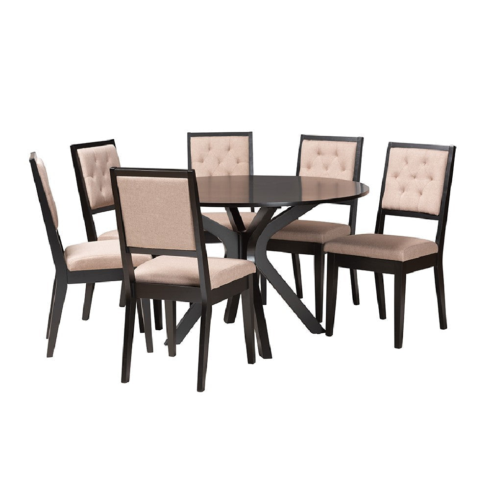 Baxton Studio Mana Modern Sand Fabric and Dark Brown Finished Wood 7-Piece Dining Set WHI-Mana-Sand-Dark-Brown-7PC-Dining-Set