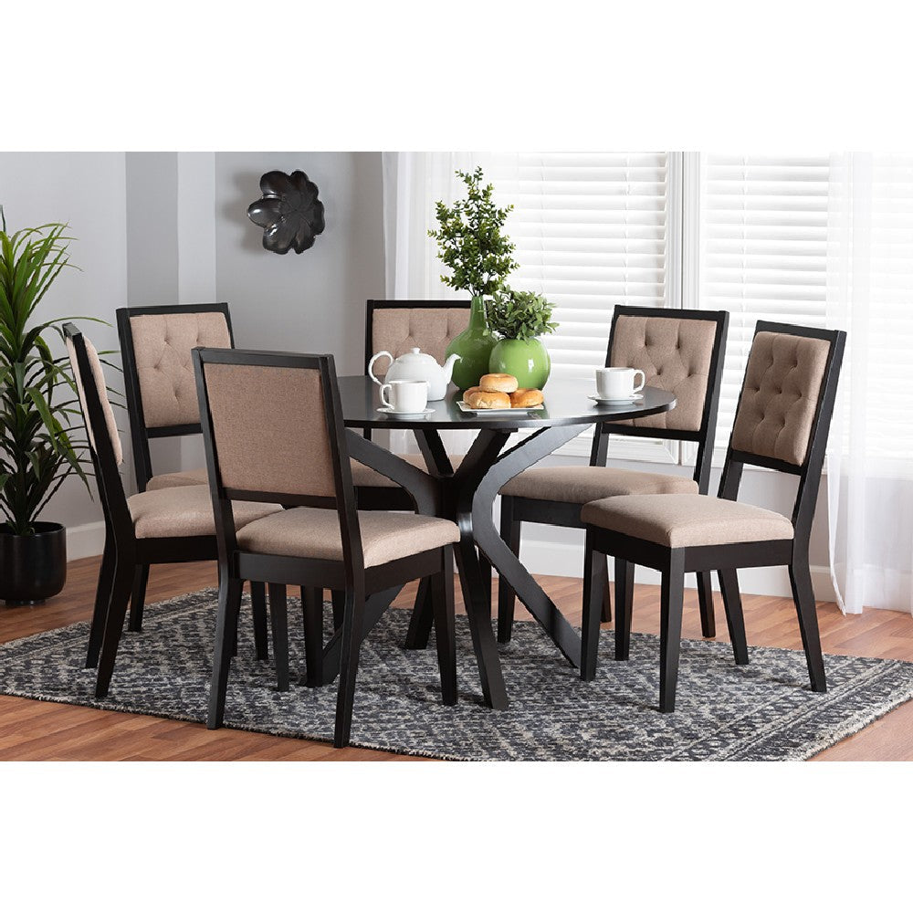 Baxton Studio Mana Modern Sand Fabric and Dark Brown Finished Wood 7-Piece Dining Set WHI-Mana-Sand-Dark-Brown-7PC-Dining-Set
