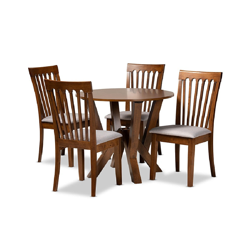 Baxton Studio Marian Modern and Contemporary Grey Fabric Upholstered and Walnut Brown Finished Wood 5-Piece Dining Set
