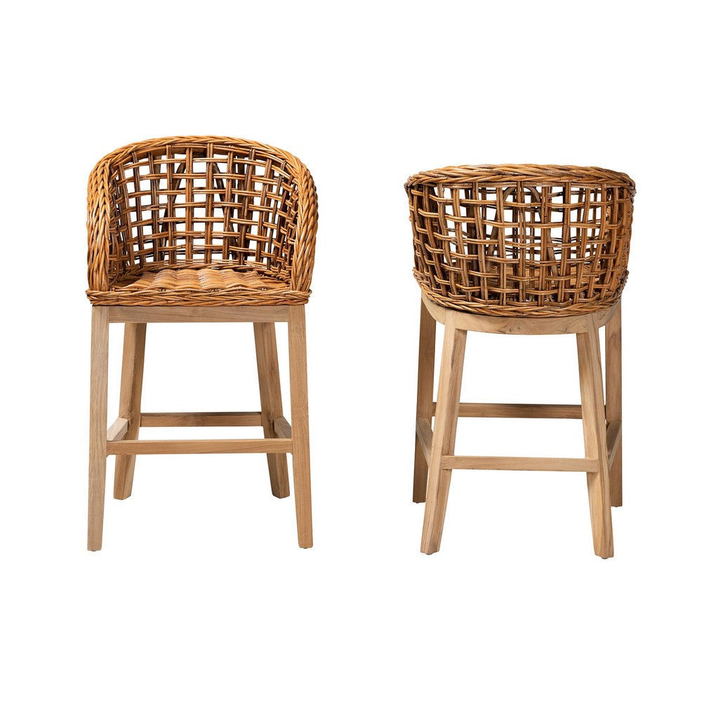 bali & pari Mario Modern Bohemian Natural Brown Finished Teak Wood and Rattan 2-Piece Counter Stool Set WHI-Mario-Rattan-BS