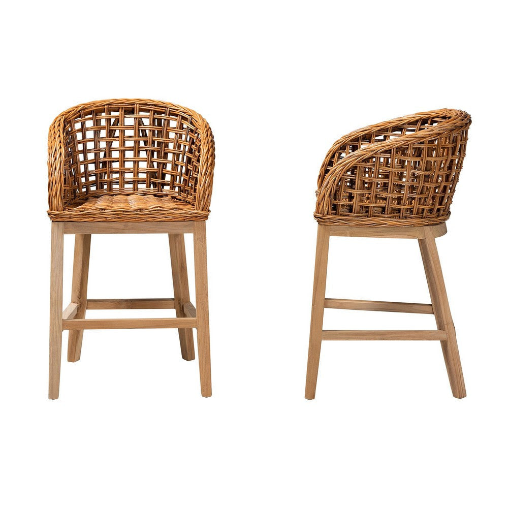 bali & pari Mario Modern Bohemian Natural Brown Finished Teak Wood and Rattan 2-Piece Counter Stool Set WHI-Mario-Rattan-BS